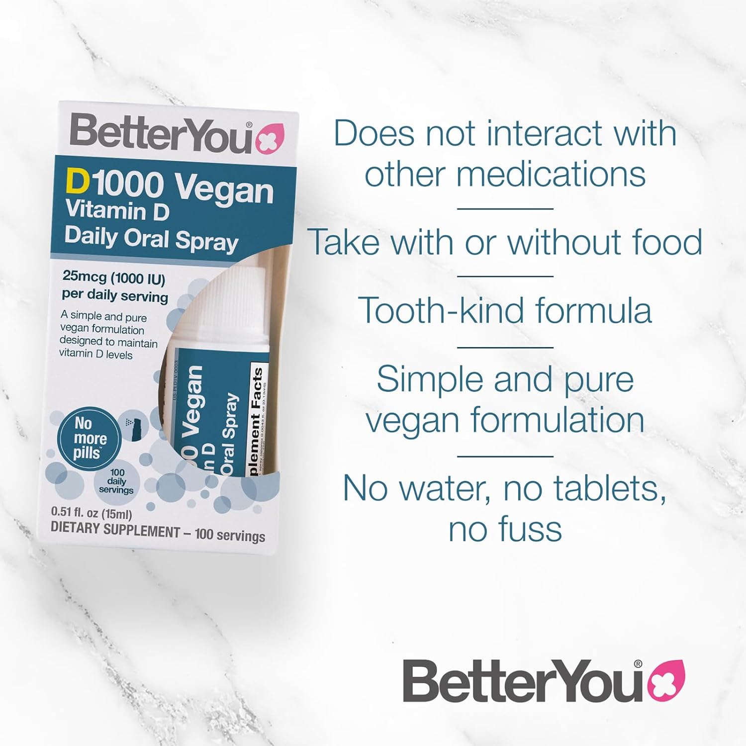 Plant-Based BetterYou D1000 Vitamin D Oral Spray for Strong Bones & Immune Support - Easy Alternative to Tablets - 100 Servings