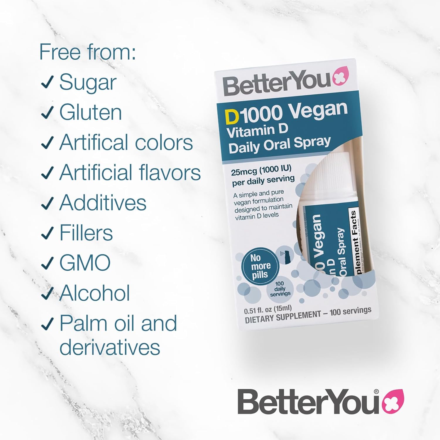 Plant-Based BetterYou D1000 Vitamin D Oral Spray for Strong Bones & Immune Support - Easy Alternative to Tablets - 100 Servings