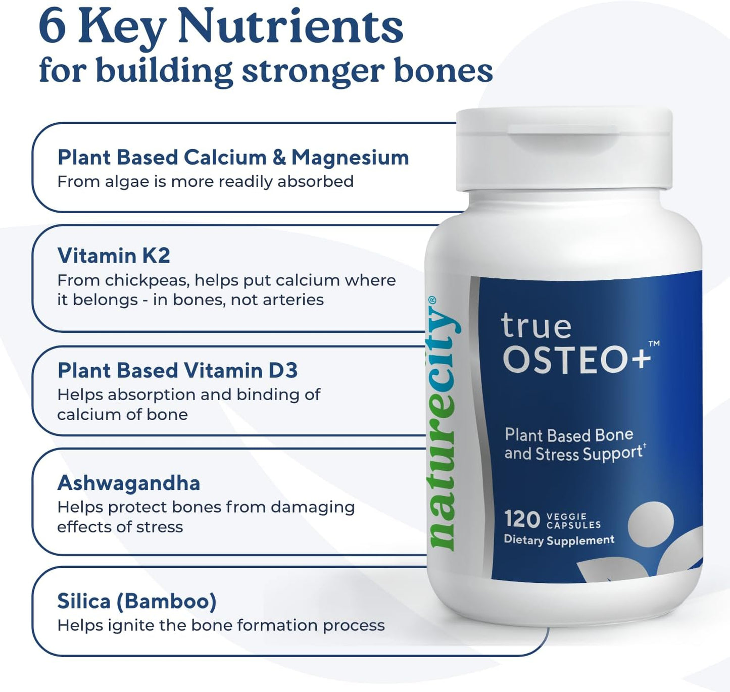 Plant-Based Bone Health Supplement with AlgaeCal Calcium, Magnesium, Vitamin D3, K2, Silicon, Stress Support - 120 Capsules