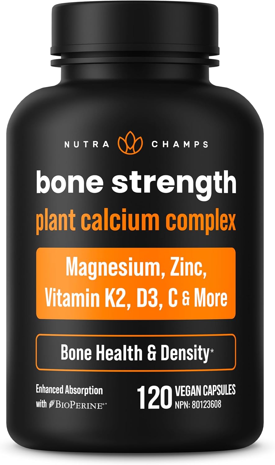 Plant-Based Bone Strength Supplements with 600mg Calcium, Vitamin D3, K2, Magnesium, Potassium, Zinc, Boron & Strontium - 120 Vegan Capsules