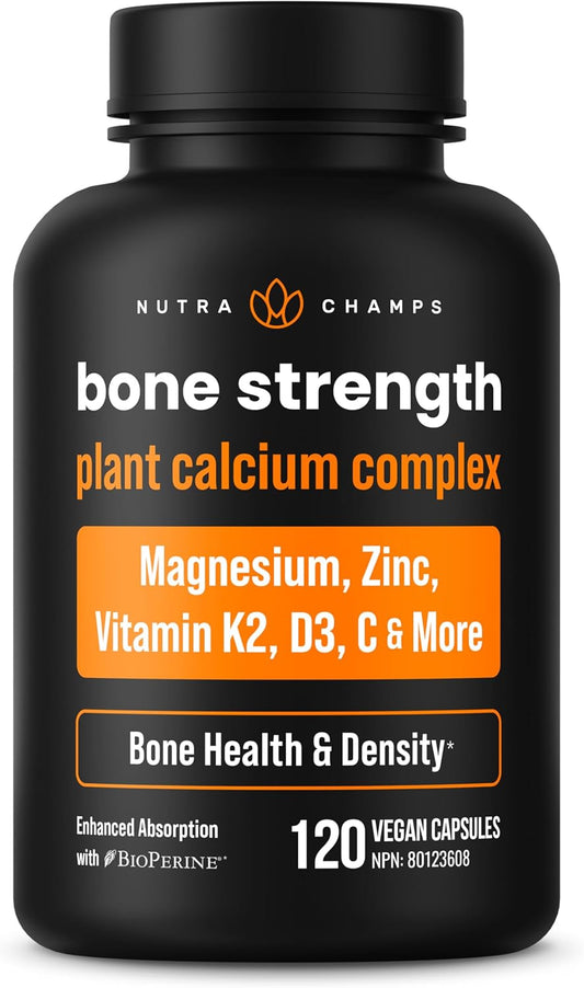 Plant-Based Bone Strength Supplements with 600mg Calcium, Vitamin D3, K2, Magnesium, Potassium, Zinc, Boron & Strontium - 120 Vegan Capsules