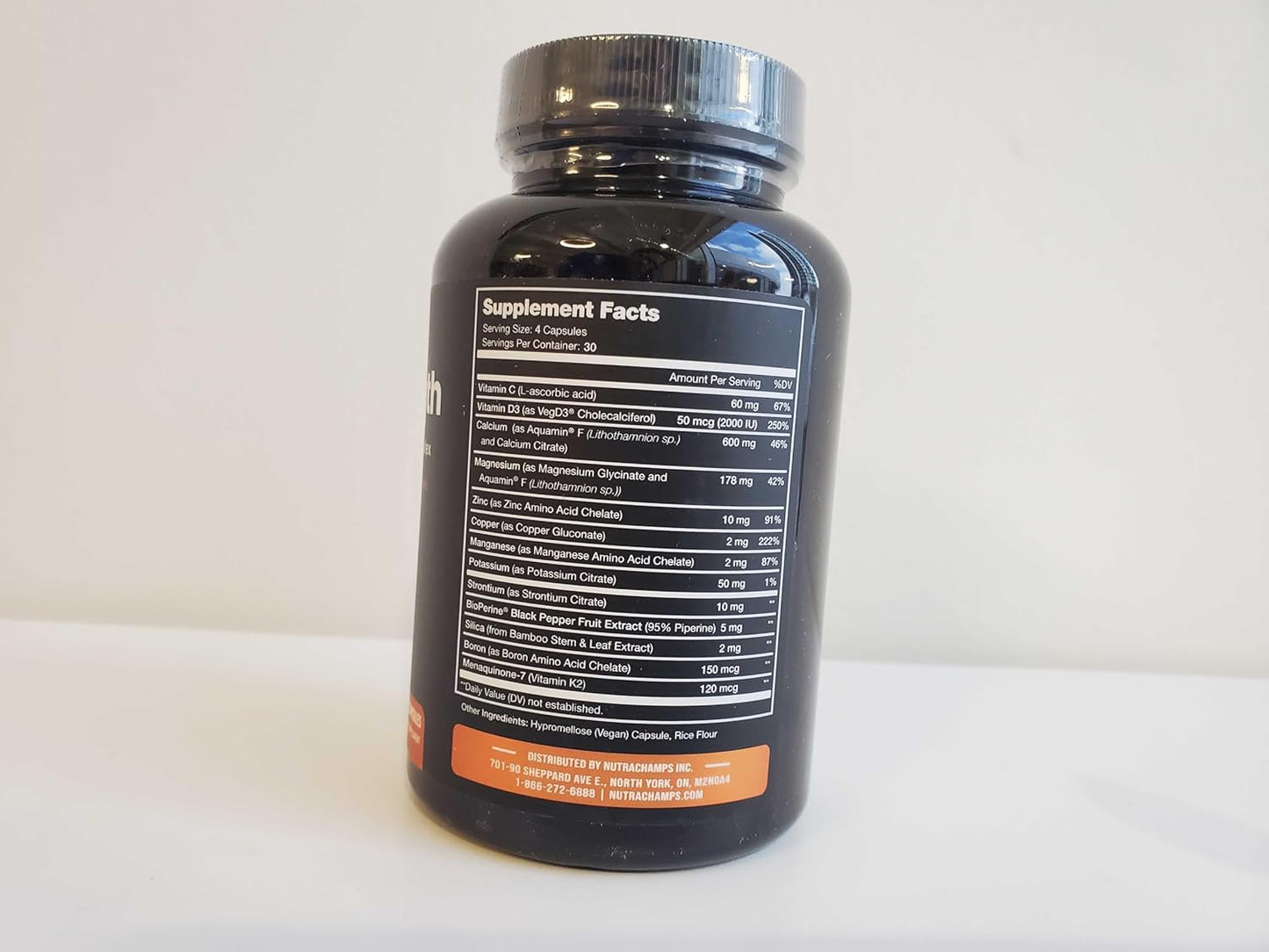 Plant-Based Bone Strength Supplements with 600mg Calcium, Vitamin D3, K2, Magnesium, Potassium, Zinc, Boron & Strontium - 120 Vegan Capsules