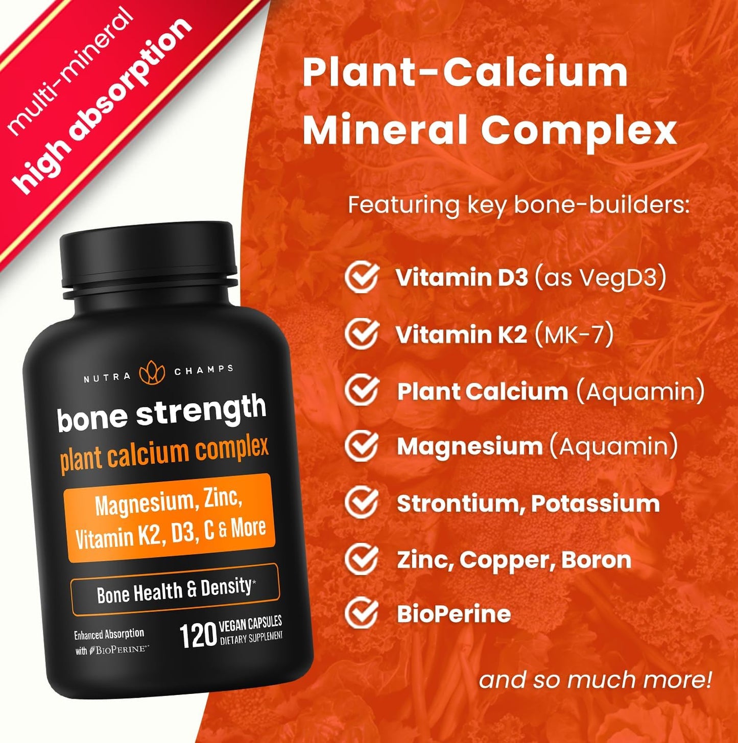 Plant-Based Bone Strength Supplements with 600mg Calcium, Vitamin D3, K2, Magnesium, Potassium, Zinc, Boron & Strontium - 120 Vegan Capsules
