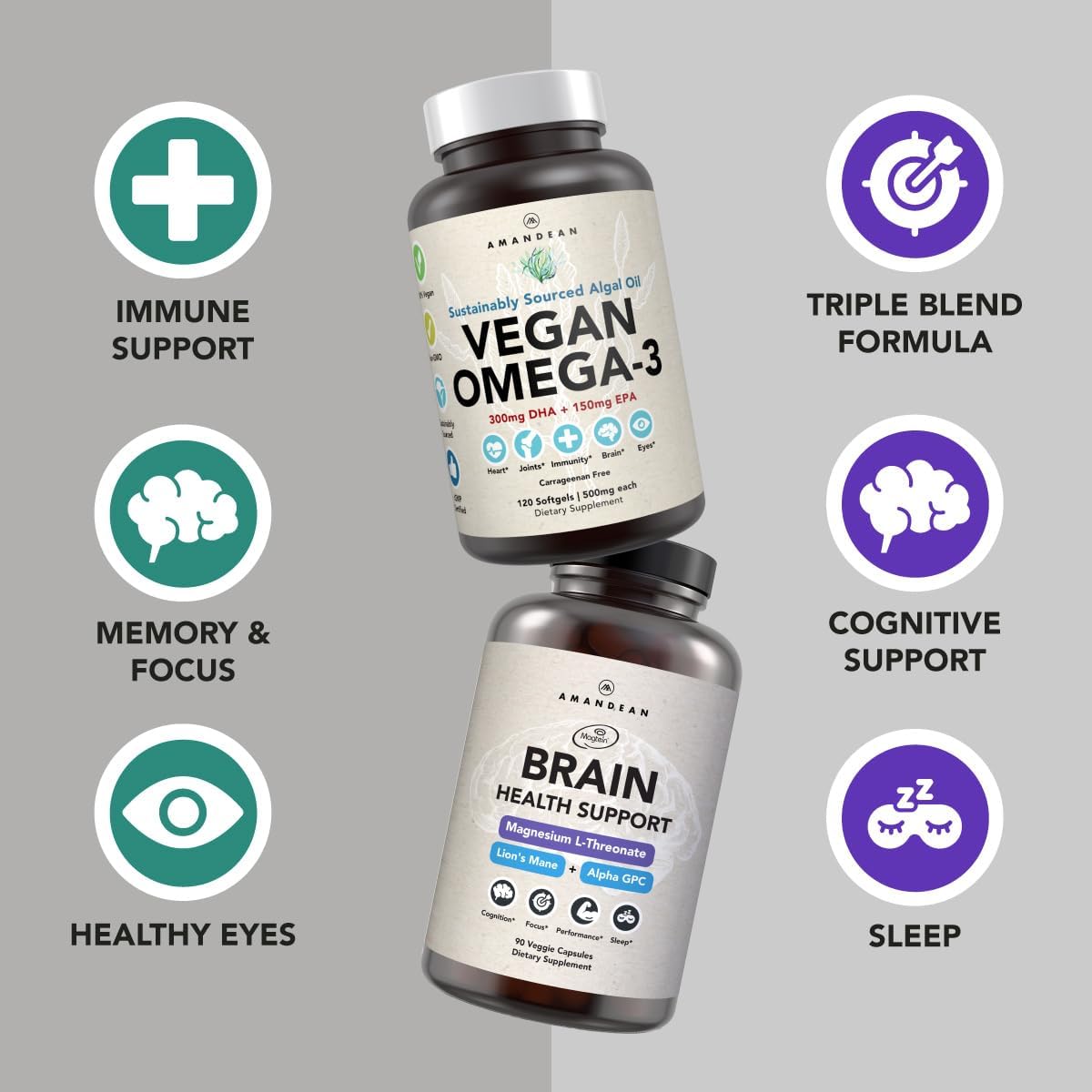 Plant-Based Brain & Omega-3 Bundle: Lion's Mane, Magnesium Threonate, Alpha-GPC, Algae DHA/EPA. Essential Fats for Brain, Eye, Heart & Skin Health. Vegan Fish Oil Alternative.