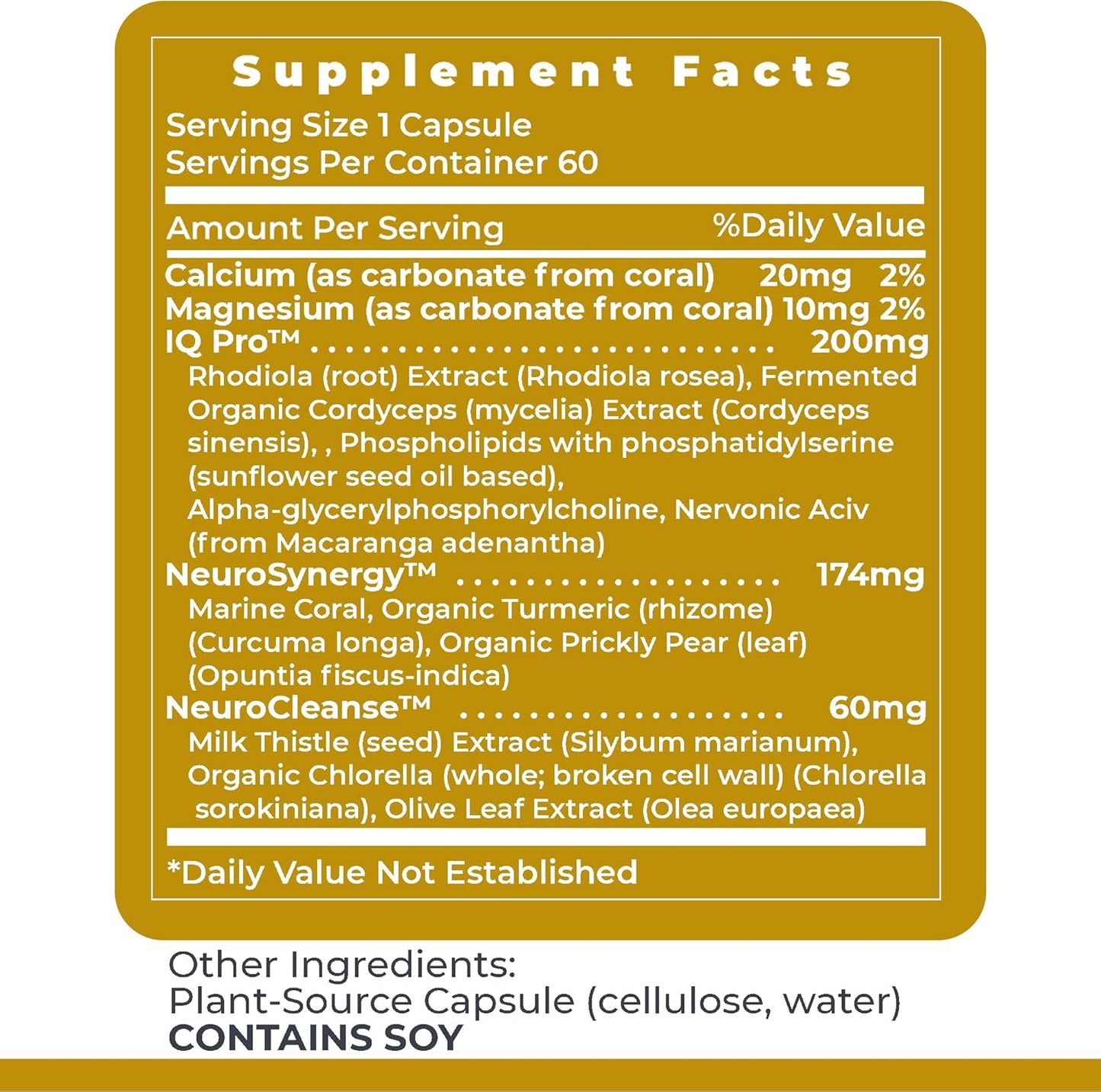 Plant-Based Brain Support Supplement with Rhodiola, Marine Coral, and Turmeric - 60 Capsules