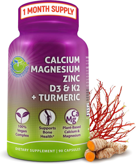Plant-Based Calcium 500mg with Aquamin, Magnesium, Zinc, D3, K2, Turmeric - Bone & Muscle Health, Immune Support - 90 Count Vegan Supplements