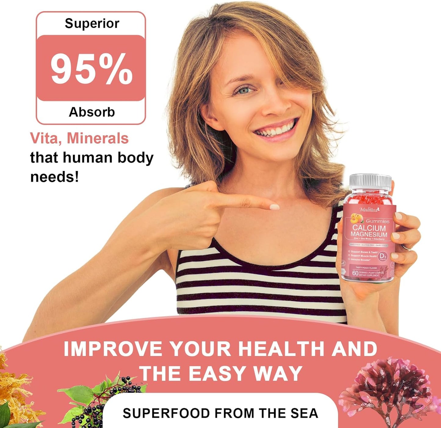 Plant-Based Calcium Gummies with D3, K2, Zinc - Natural Bone and Immune Support Supplement - 120 Chewable Gummy Vitamins