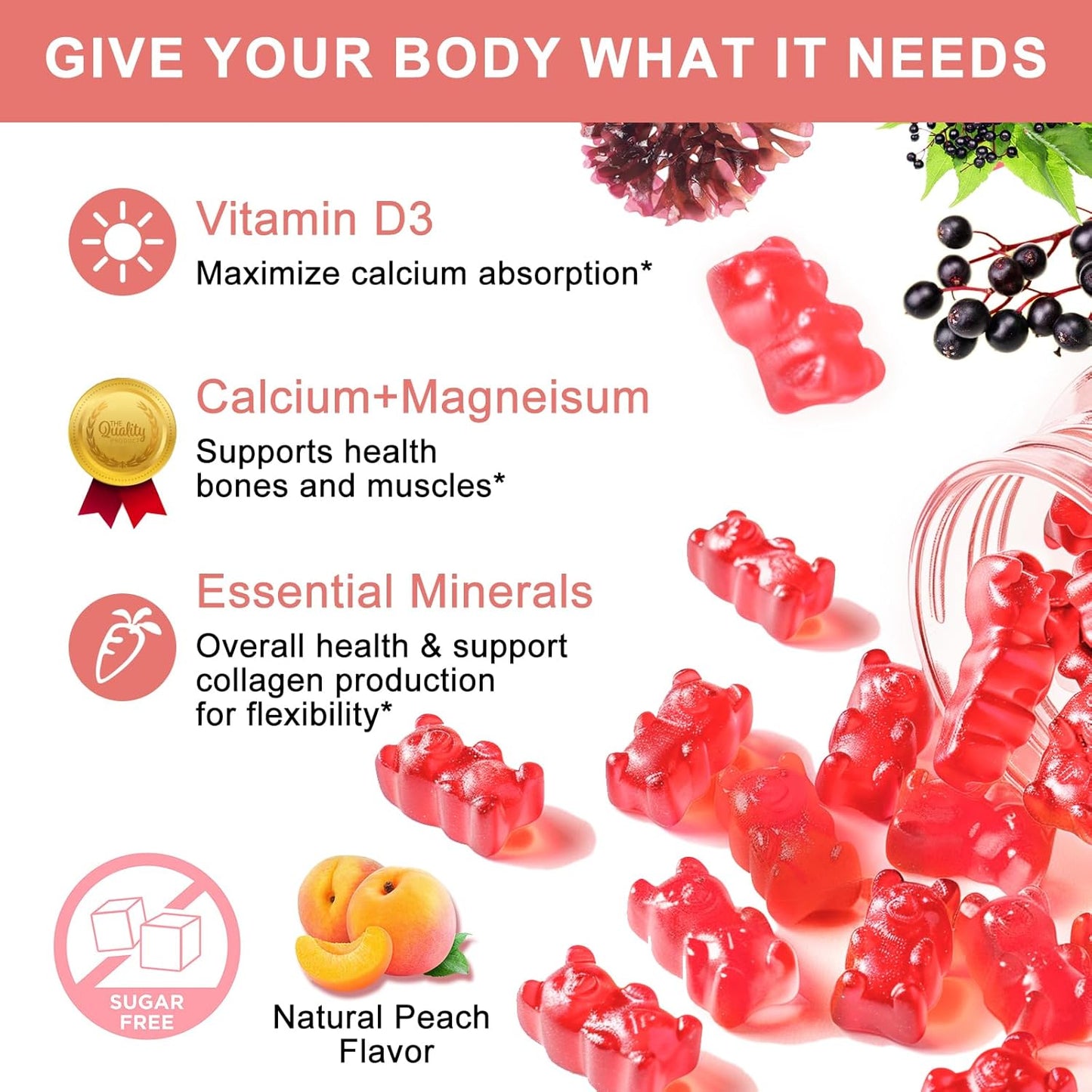 Plant-Based Calcium Gummies with D3, K2, Zinc - Natural Bone and Immune Support Supplement - 120 Chewable Gummy Vitamins