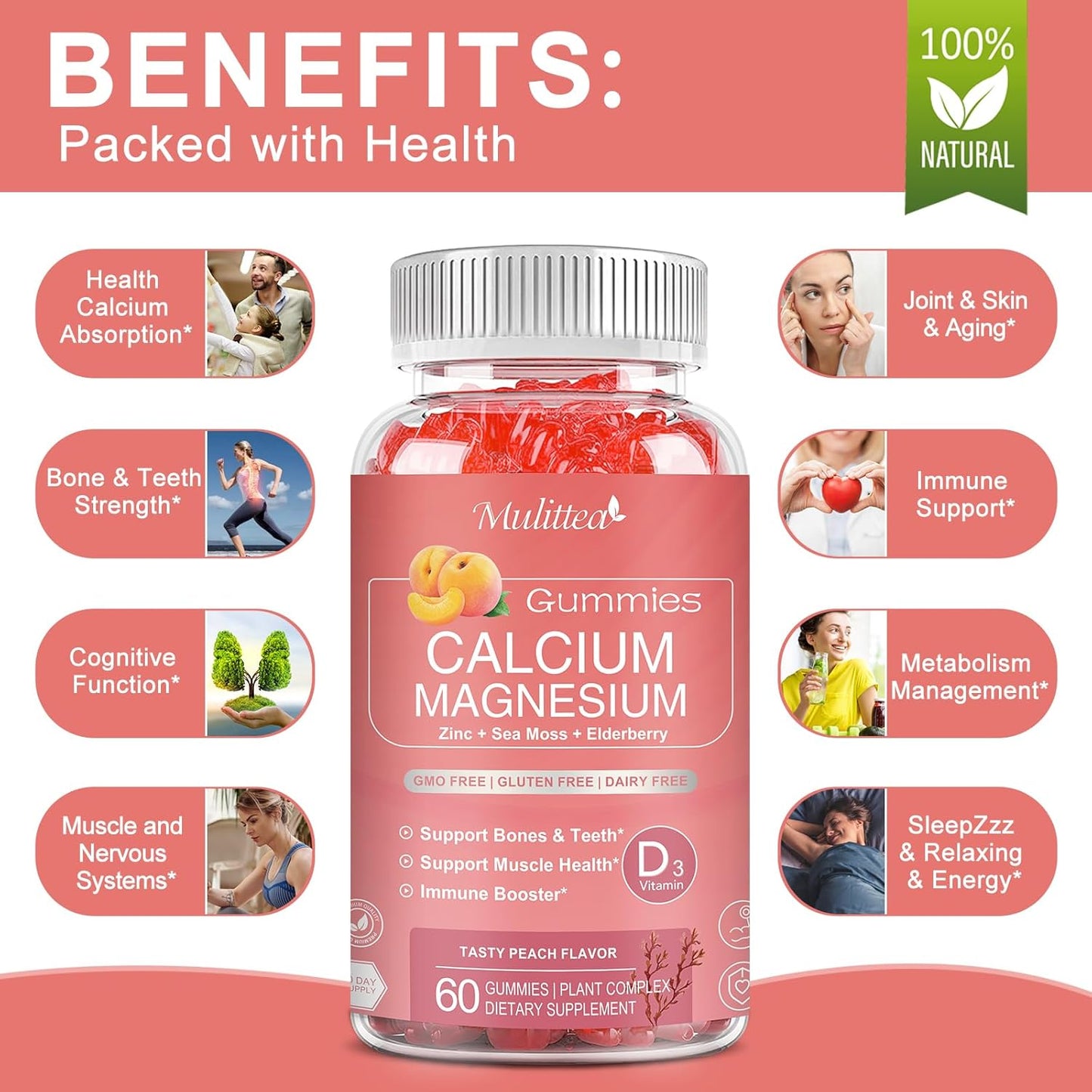 Plant-Based Calcium Gummies with D3, K2, Zinc - Natural Bone and Immune Support Supplement - 120 Chewable Gummy Vitamins