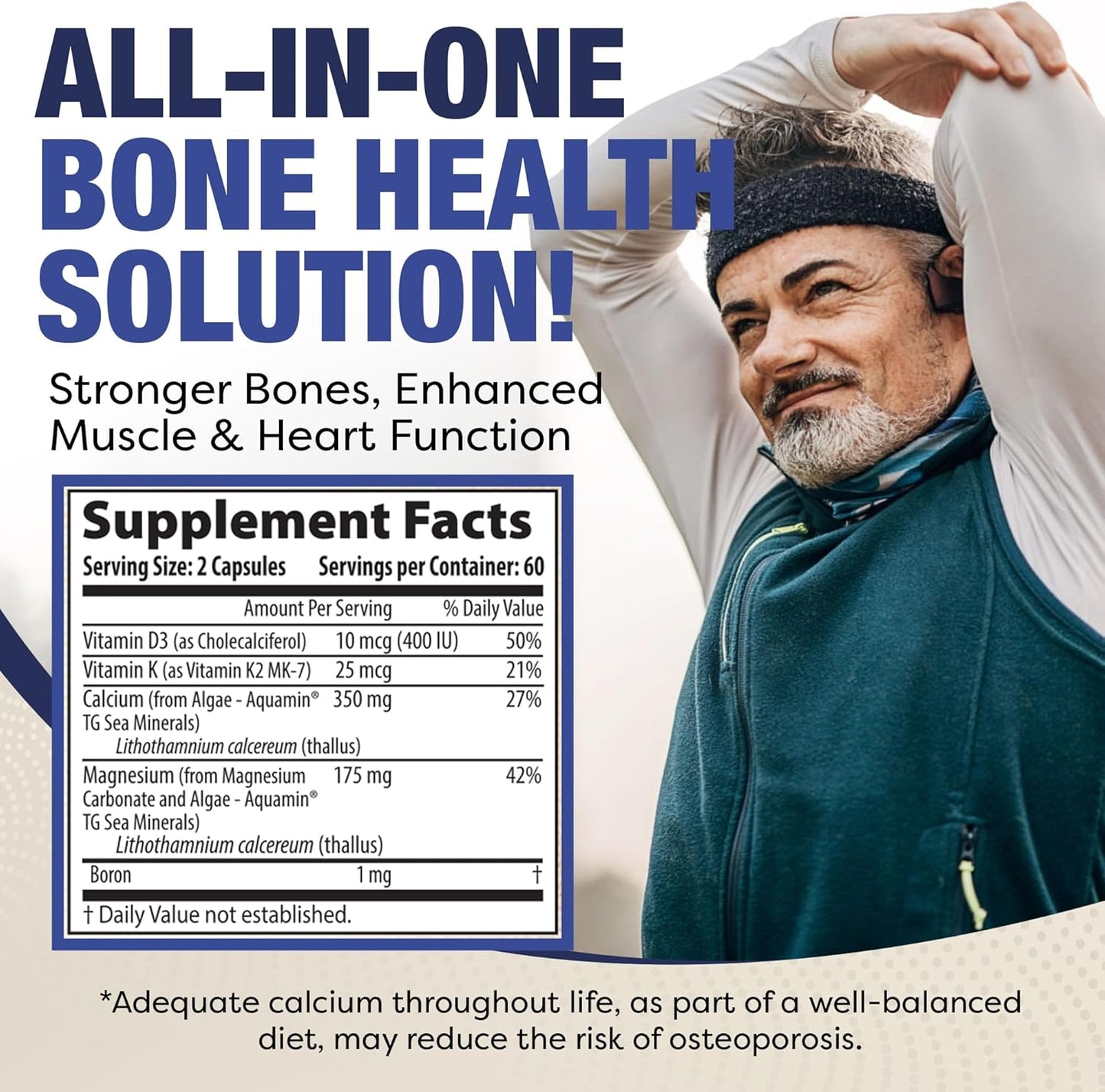 Plant-Based Calcium Magnesium Supplement with Boron, Vitamin D3 & K2 MK-7 - Supports Bone Health, Vegan, Non-GMO, Allergen-Free - 120 Capsules