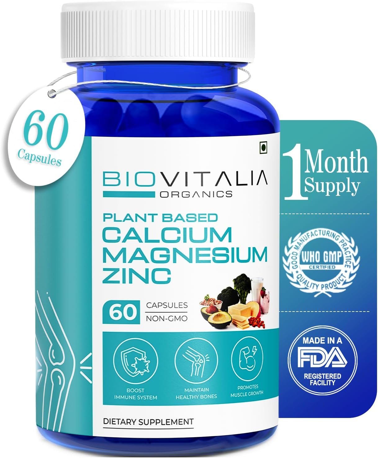 Plant Based Calcium Magnesium Zinc Capsules with Vitamin D3 K2 & B12 - 60 Veg Capsules for Bone Health & Muscle Growth