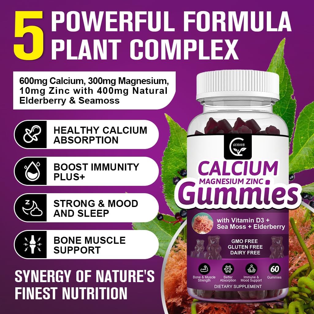 Plant-Based Calcium Magnesium Zinc Gummies with High Absorption - Potassium & Vitamin D3 for Bone Health - Vegan - 3 Pack