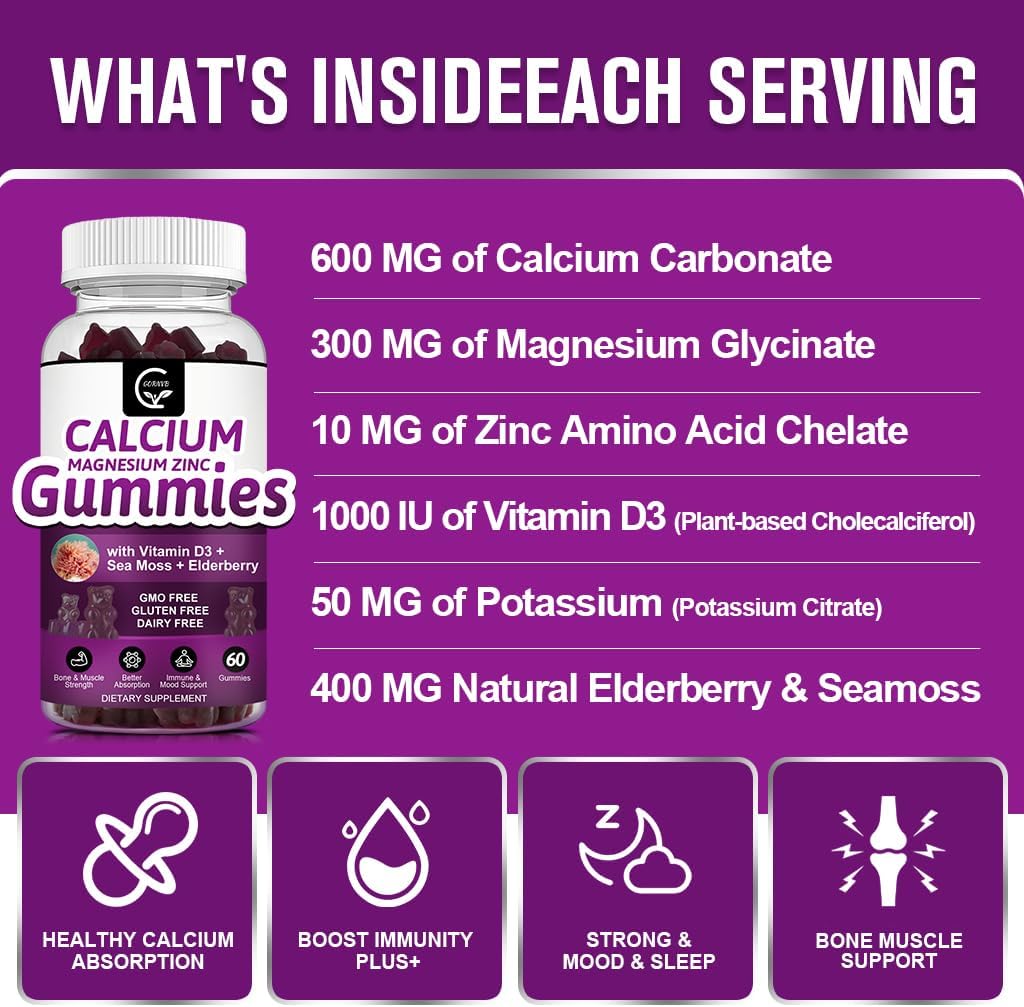 Plant-Based Calcium Magnesium Zinc Gummies with High Absorption - Potassium & Vitamin D3 for Bone Health - Vegan - 3 Pack