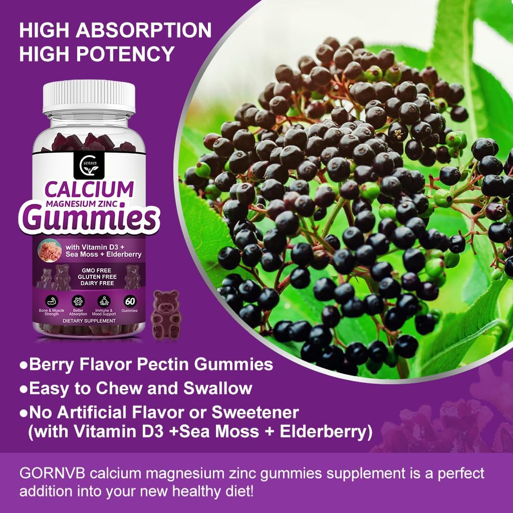 Plant-Based Calcium Magnesium Zinc Gummies with High Absorption - Potassium & Vitamin D3 for Bone Health - Vegan - 3 Pack