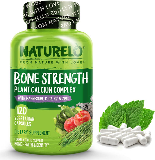 Plant-Based Calcium Supplement with Vitamin C, D3, K2, Magnesium, and Zinc for Bone Strength - 600mg, 120 Vegetarian Capsules - Non-GMO, Soy & Gluten-Free.