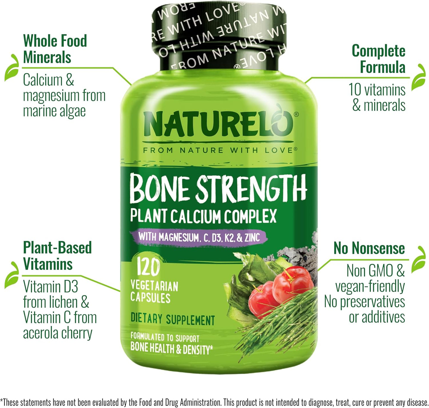 Plant-Based Calcium Supplement with Vitamin C, D3, K2, Magnesium, and Zinc for Bone Strength - 600mg, 120 Vegetarian Capsules - Non-GMO, Soy & Gluten-Free.