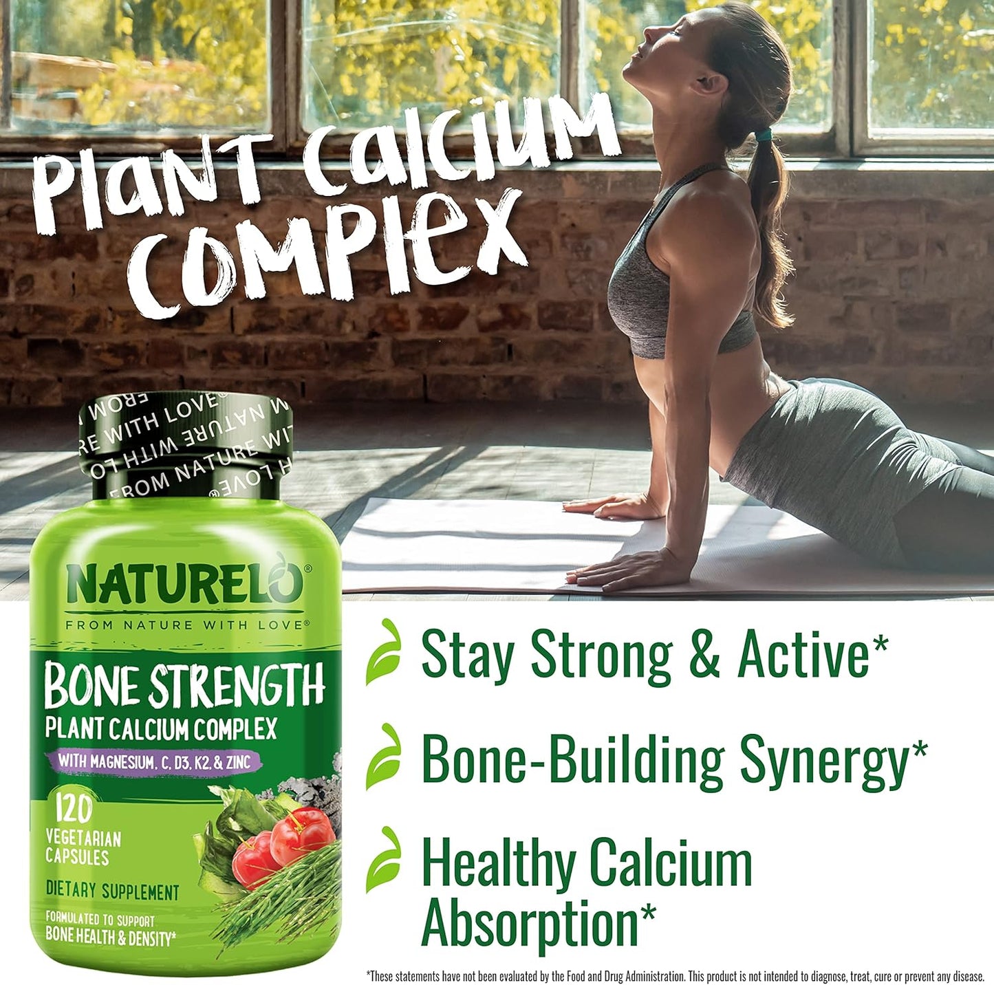 Plant-Based Calcium Supplement with Vitamin C, D3, K2, Magnesium, and Zinc for Bone Strength - 600mg, 120 Vegetarian Capsules - Non-GMO, Soy & Gluten-Free.