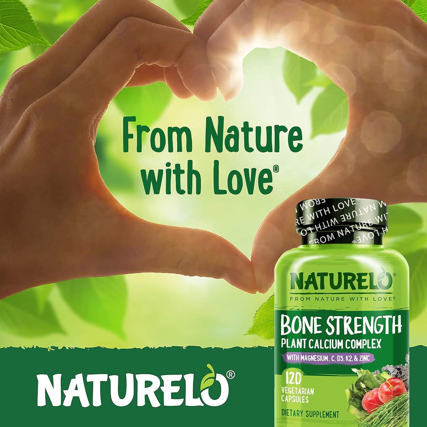 Plant-Based Calcium Supplement with Vitamin C, D3, K2, Magnesium, and Zinc for Bone Strength - 600mg, 120 Vegetarian Capsules - Non-GMO, Soy & Gluten-Free.