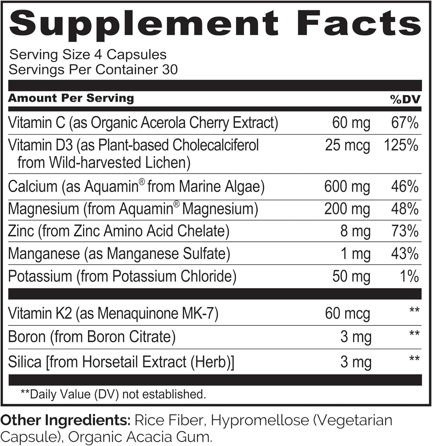 Plant-Based Calcium Supplement with Vitamin C, D3, K2, Magnesium, and Zinc for Bone Strength - 600mg, 120 Vegetarian Capsules - Non-GMO, Soy & Gluten-Free.