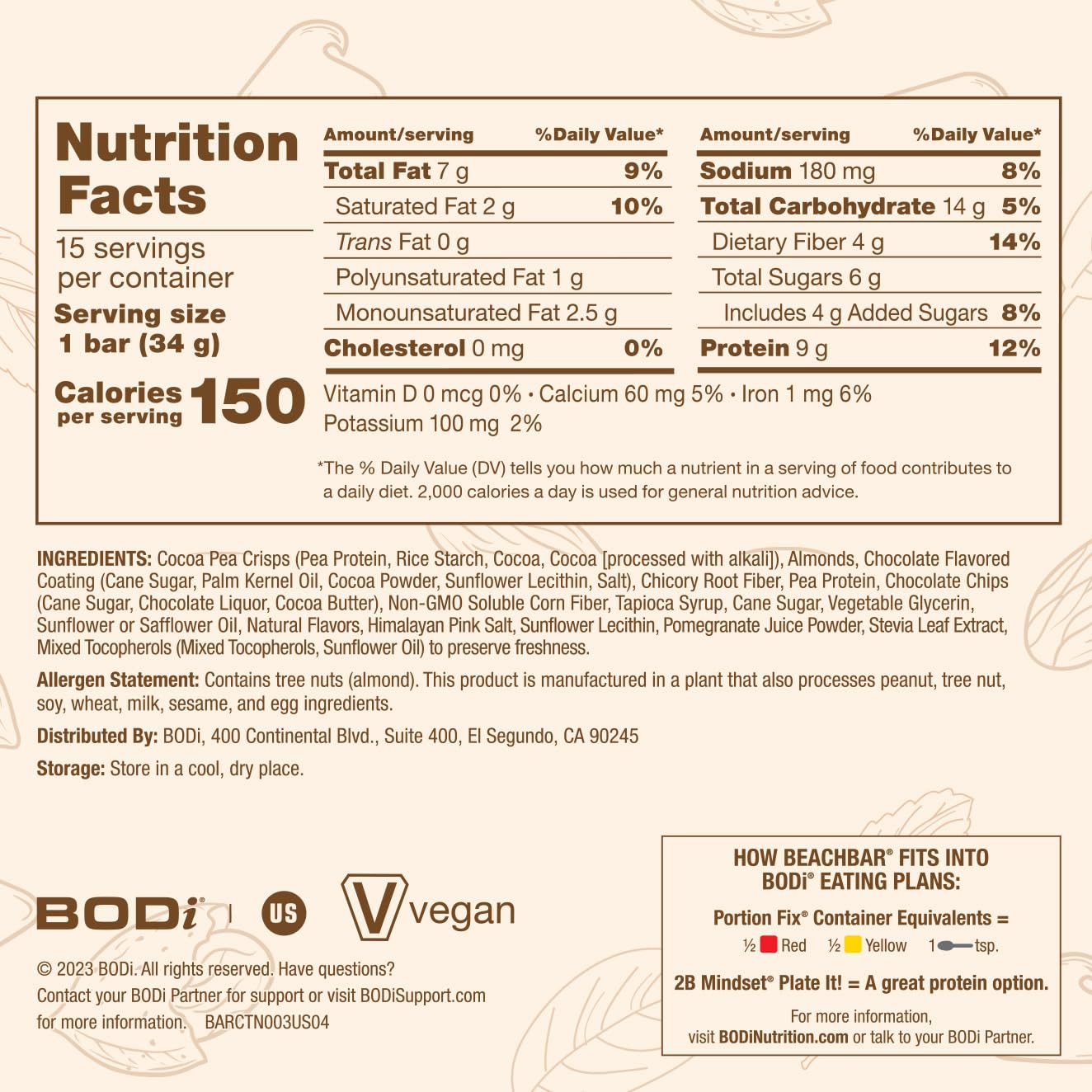 Plant-Based Chocolate Almond Crunch Protein Bar - Vegan Snack, Gluten-Free, Low Glycemic, 10g Protein, 150 Calories - 15 Bars