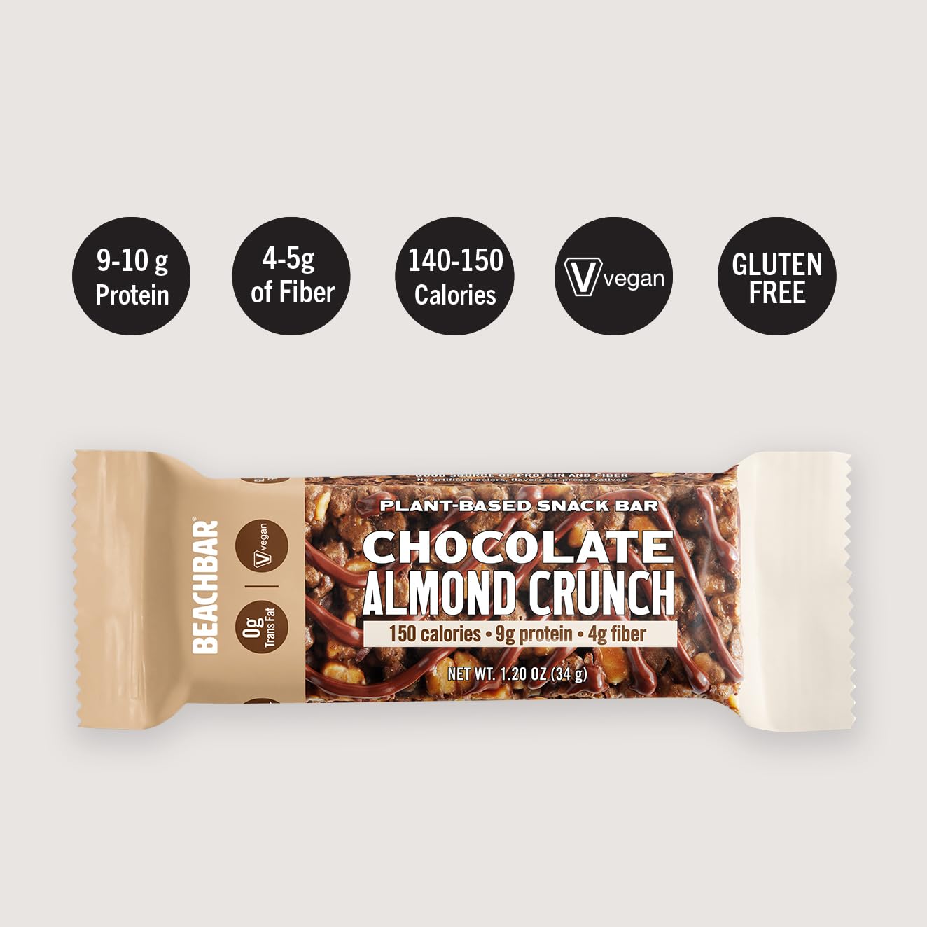 Plant-Based Chocolate Almond Crunch Protein Bar - Vegan Snack, Gluten-Free, Low Glycemic, 10g Protein, 150 Calories - 15 Bars