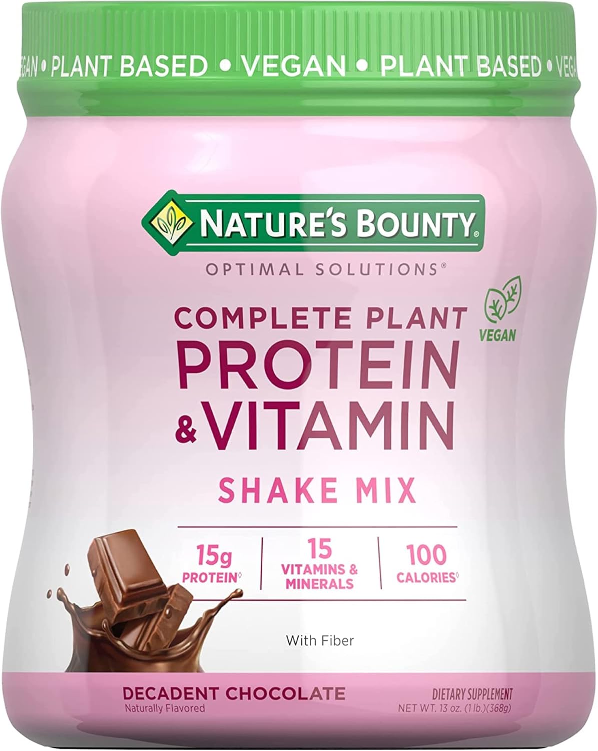 Plant-Based Chocolate Protein Shake Mix with Fiber and Vitamins by Nature's Bounty Optimal Solutions