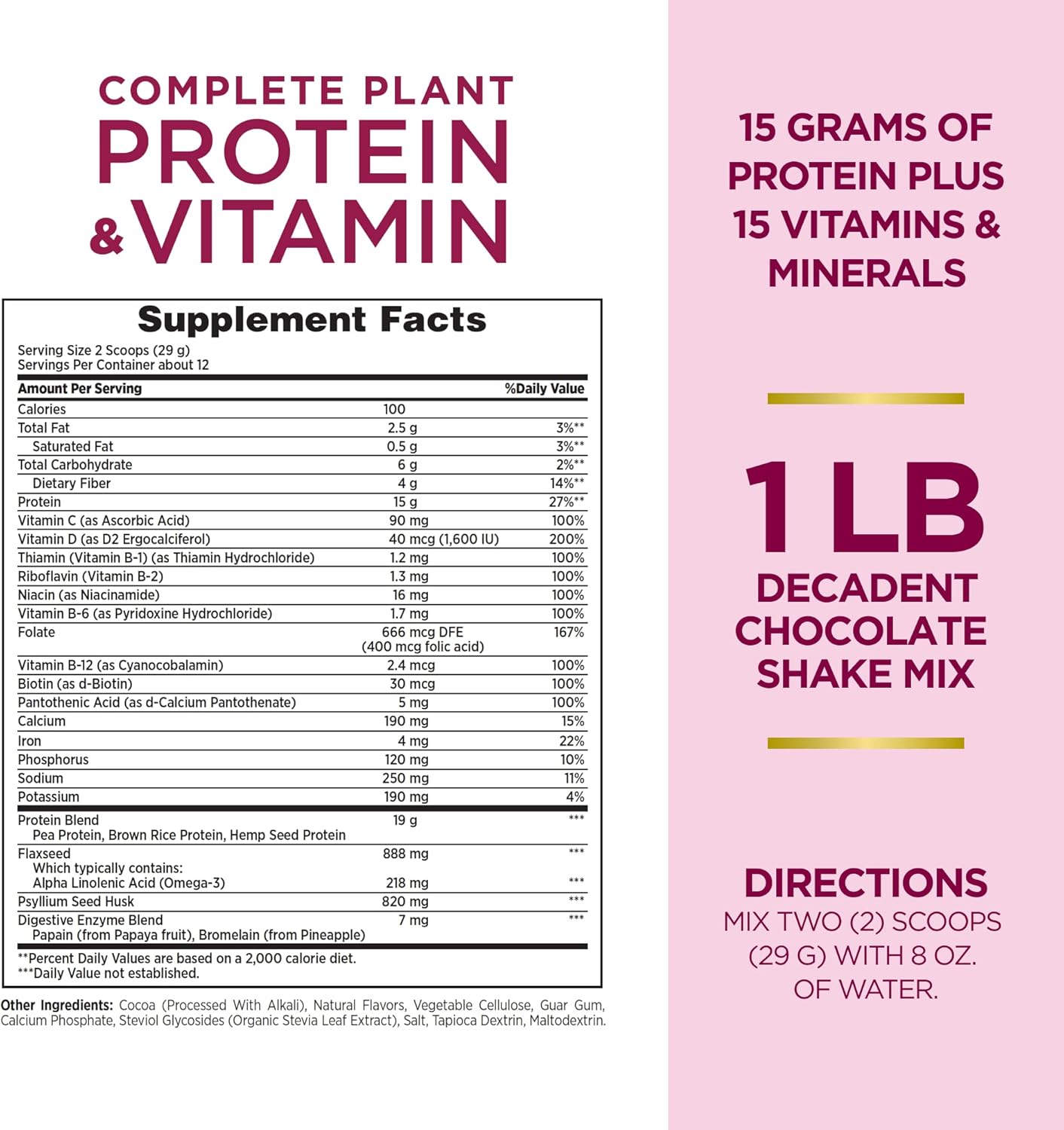 Plant-Based Chocolate Protein Shake Mix with Fiber and Vitamins by Nature's Bounty Optimal Solutions