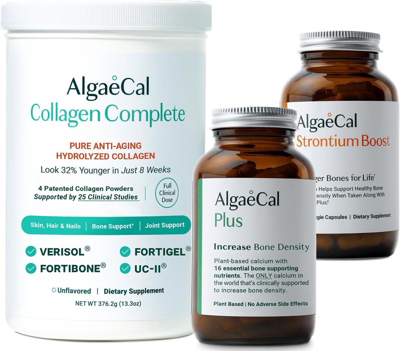 Plant-Based Collagen & Bone Support Bundle with AlgaeCal, Verisol, Fortibone, Fortigel, D3, K2, Magnesium, and 16 Nutrients for Beauty & Bone Health