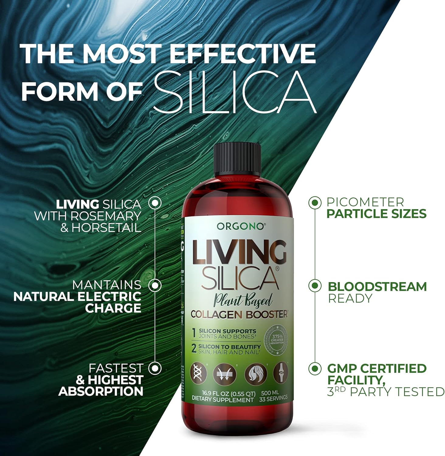 Plant Based Collagen Booster with Vegan Living Silica for Joint & Bone Support, Glowing Skin, Hair & Nails - 500 ml