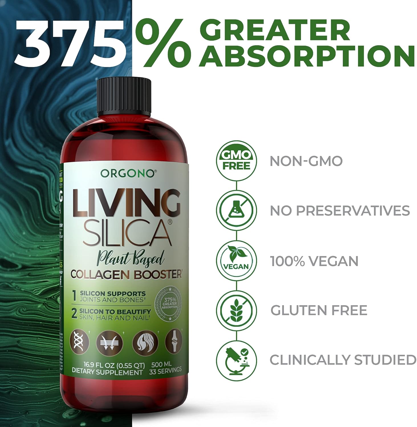 Plant Based Collagen Booster with Vegan Living Silica for Joint & Bone Support, Glowing Skin, Hair & Nails - 500 ml