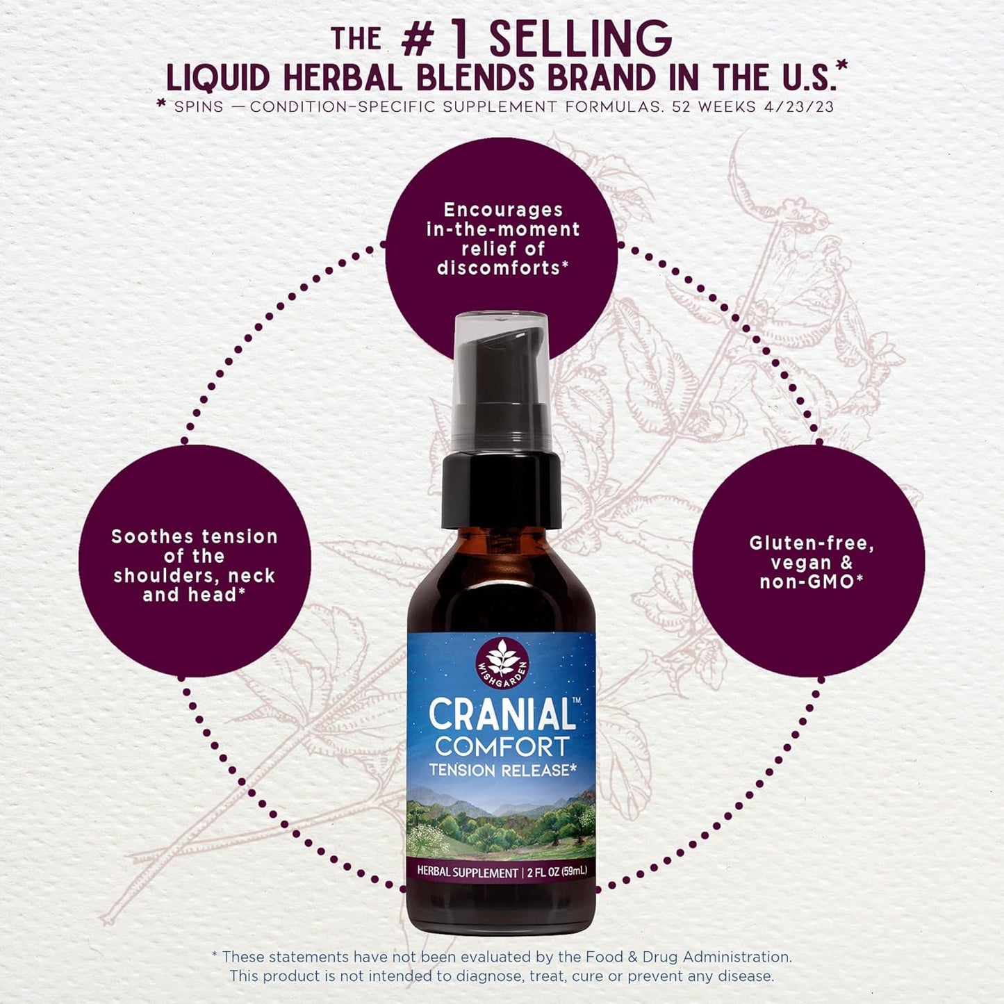 Plant-Based Cranial Comfort Herbal Supplement for Head, Neck & Shoulder Tension Relief - 2oz Bottle with White Willow Bark, Lavender, and Scullcap Extracts