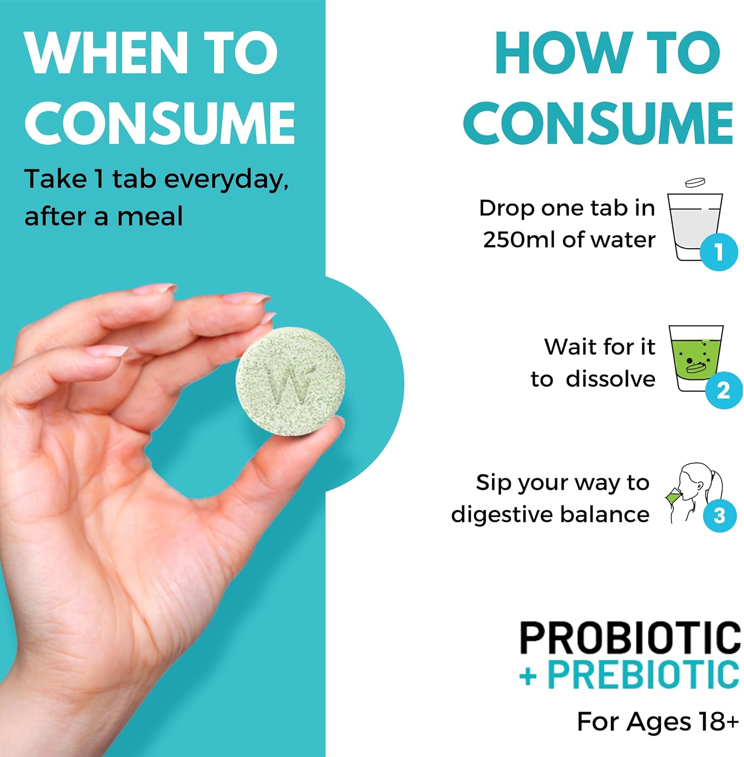 Plant-Based Daily Probiotic + Prebiotic with 18B CFU, 6 Strains - 42 Effervescent Tabs for Gut Health & Metabolism