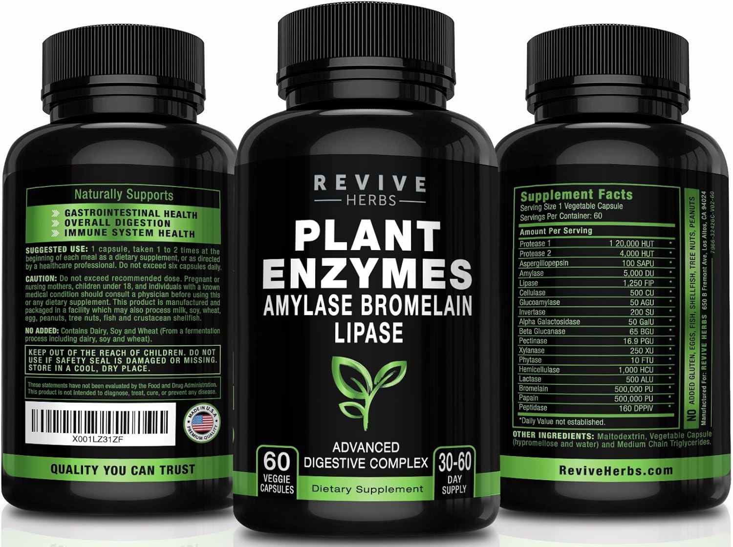 Plant-Based Digestive Enzymes with Aspergillopepsin, Amylase, Bromelain & More - Supports Gut & Immune Health, Relieves Bloating