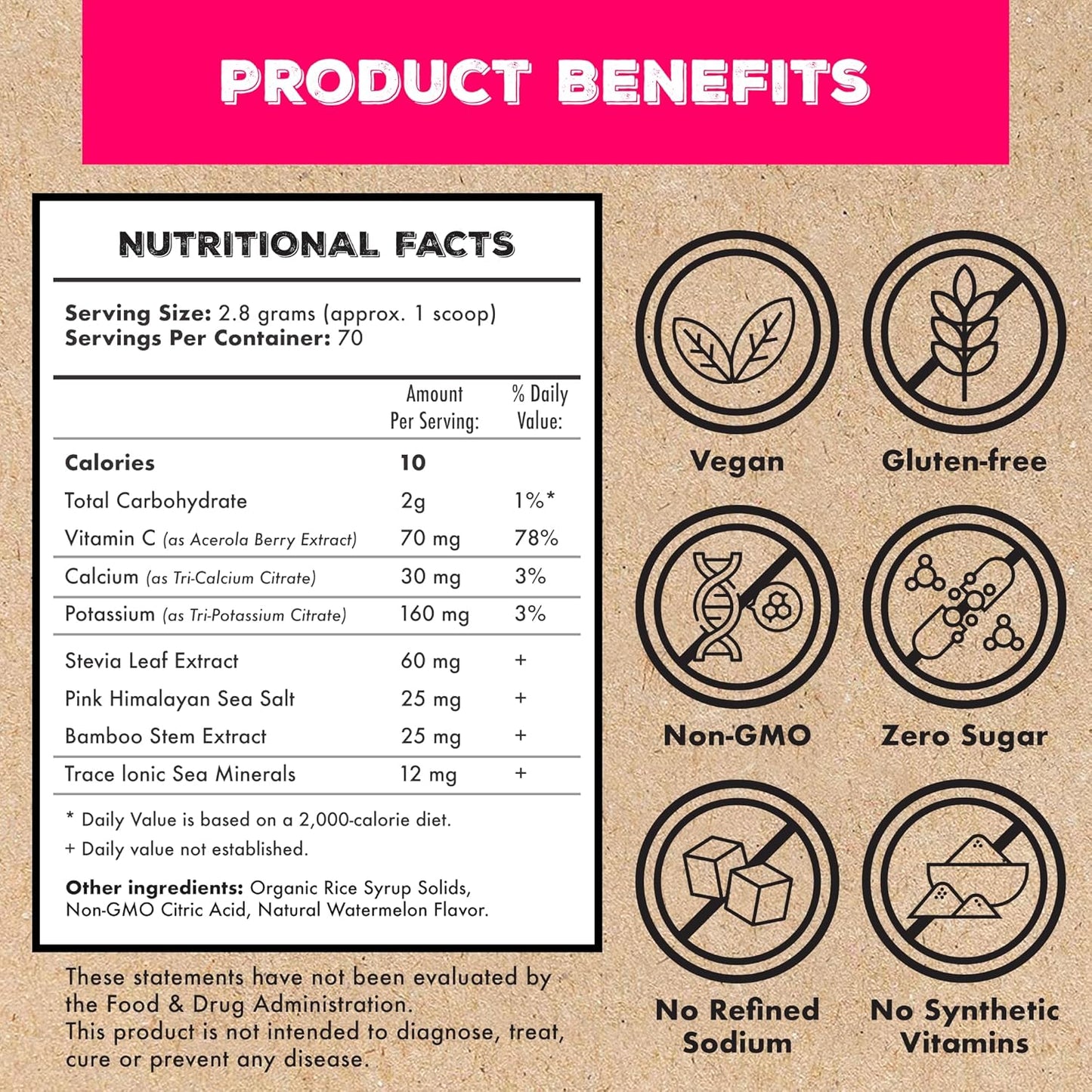 Plant-Based Electrolyte Supplement with Sea Minerals for Hydration & Recovery - Keto Friendly, Non-GMO, Vegan Sports Drink Powder - Watermelon Flavor (70 Servings)