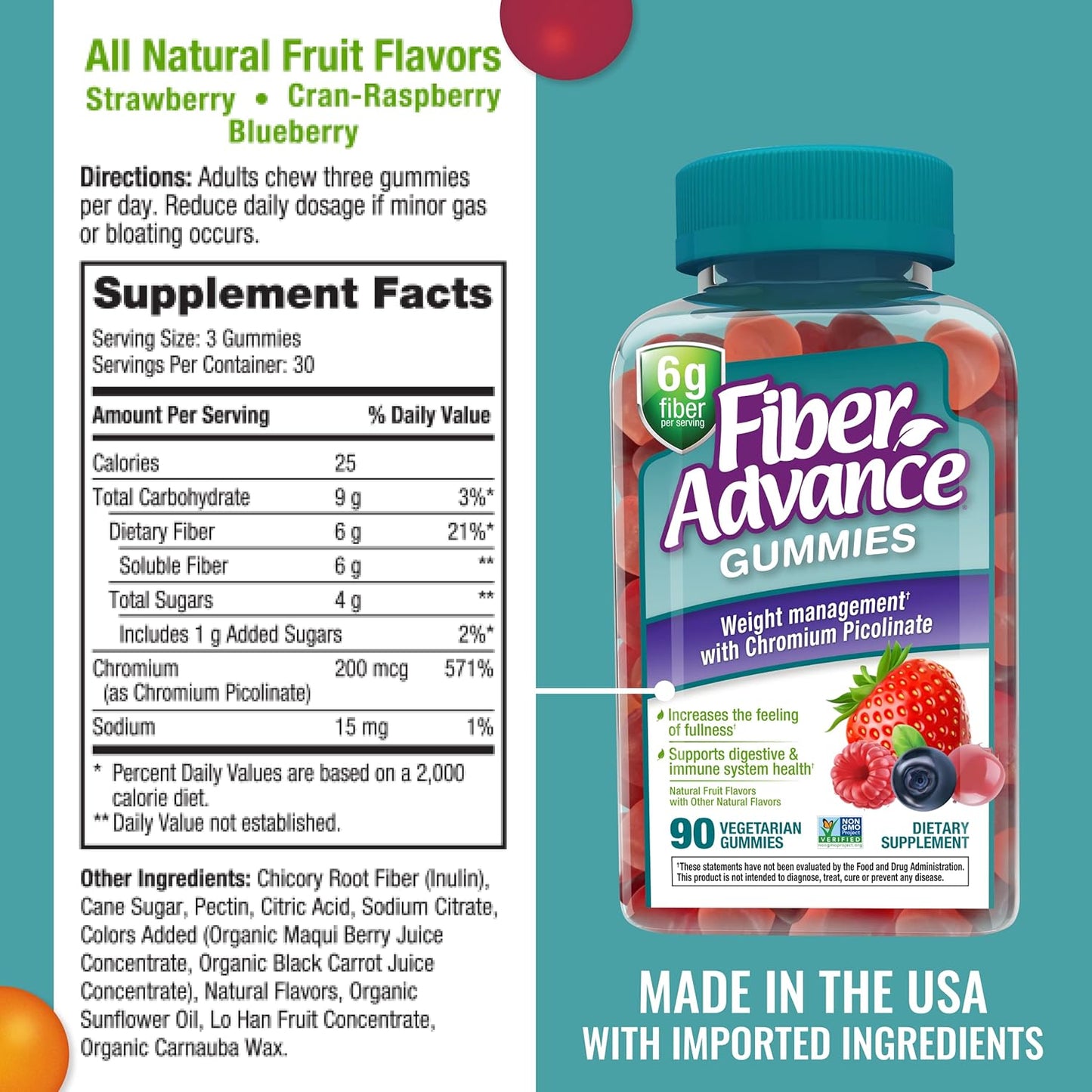 Plant Based Fiber Gummies for Weight Management and Gut Health with Chromium Picolinate (3-Pack)