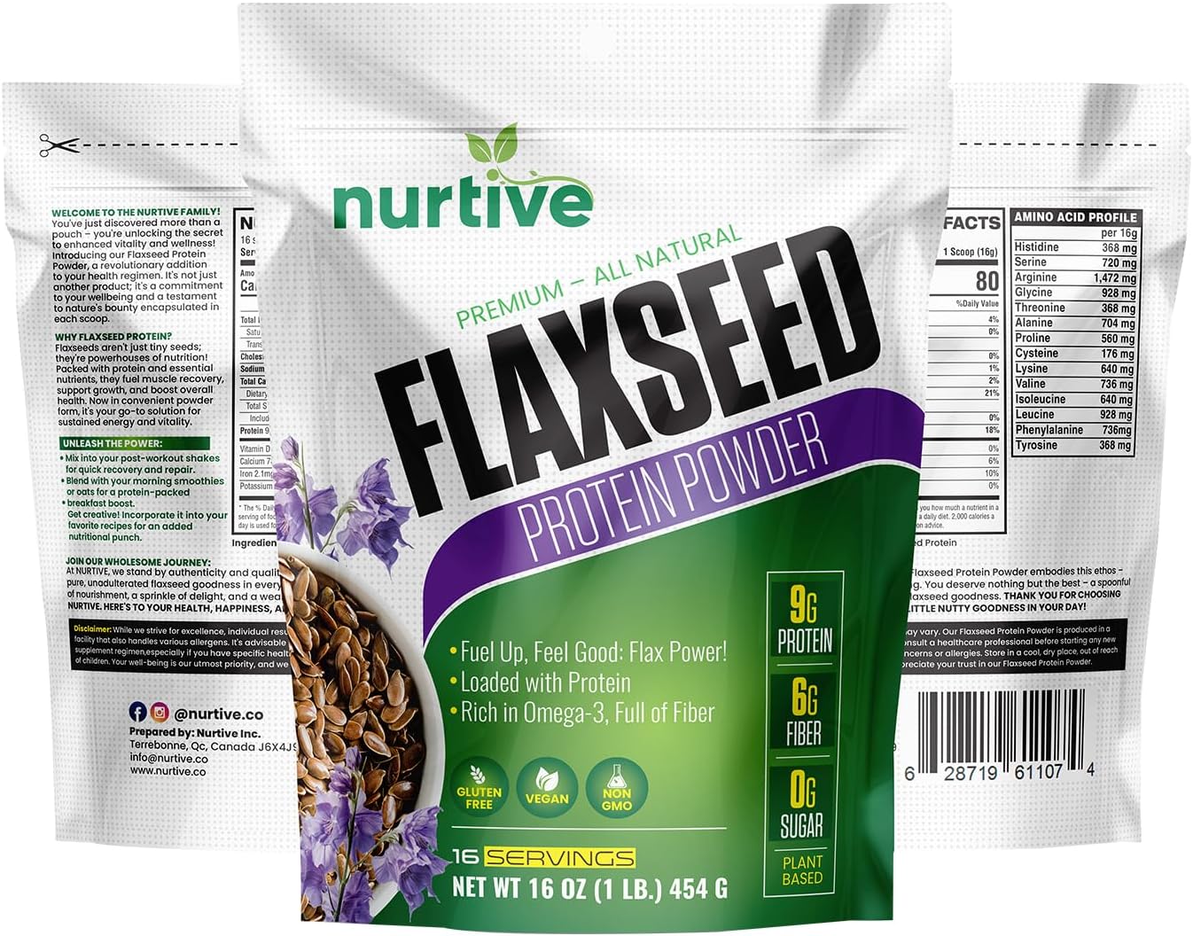 Plant-Based Flaxseed Protein Powder for Post-Workout Recovery - Rich in Omega-3 and Antioxidants - Nutritional Boost for Smoothies & Baking - Non-GMO & Gluten-Free - 16 oz
