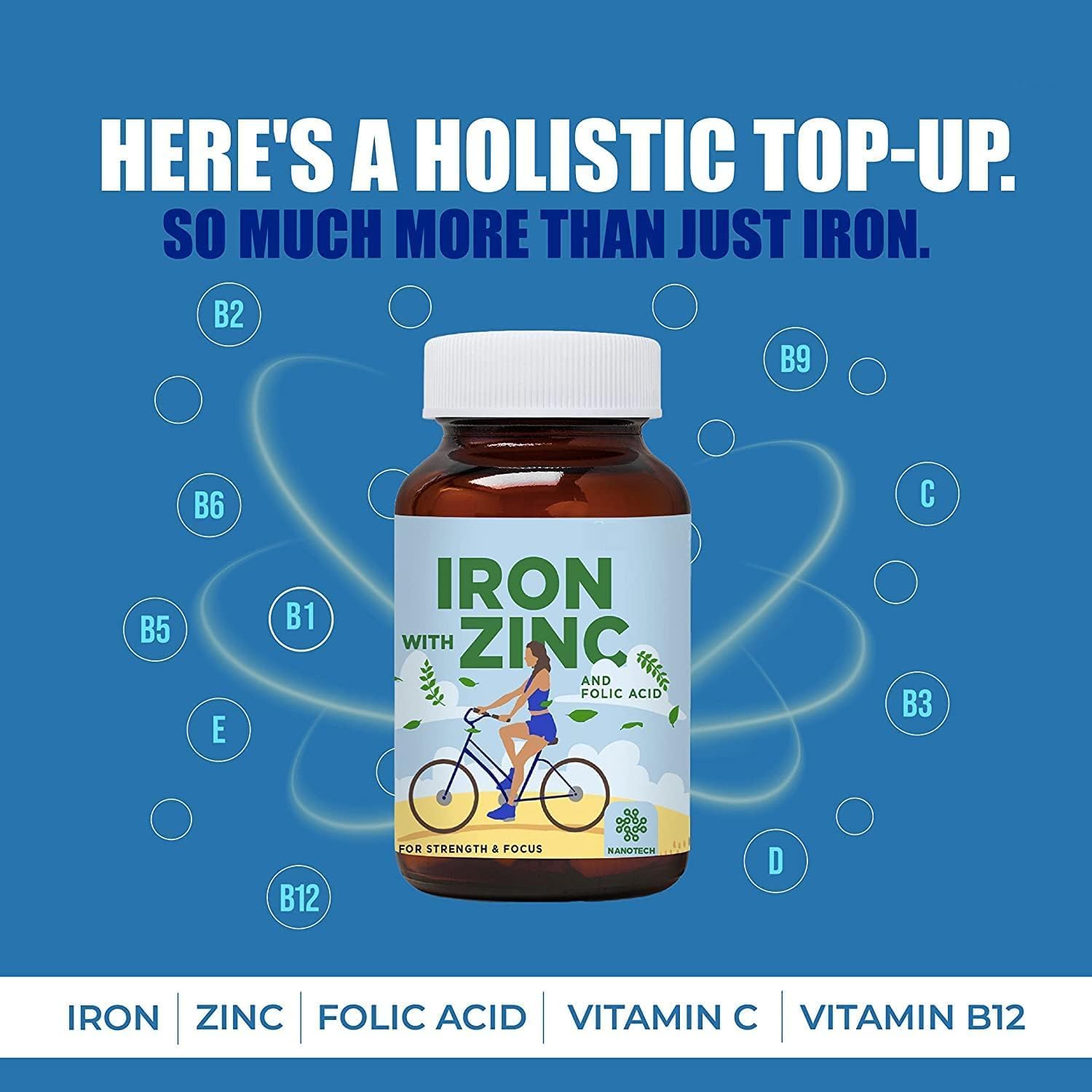 Plant Based Iron Folic Zinc Tablets for Anemia & Energy Boost | Iron with Zinc & Folic Acid Supplement for Strength & Brain Function | Athletic Performance Support