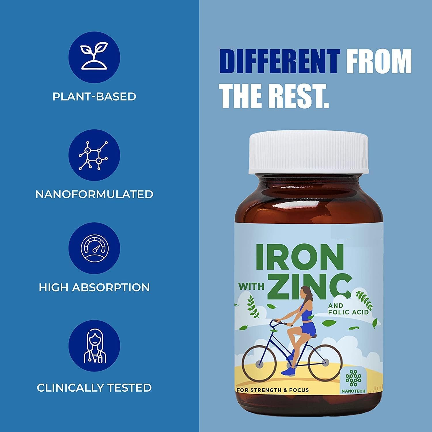 Plant Based Iron Folic Zinc Tablets for Anemia & Energy Boost | Iron with Zinc & Folic Acid Supplement for Strength & Brain Function | Athletic Performance Support