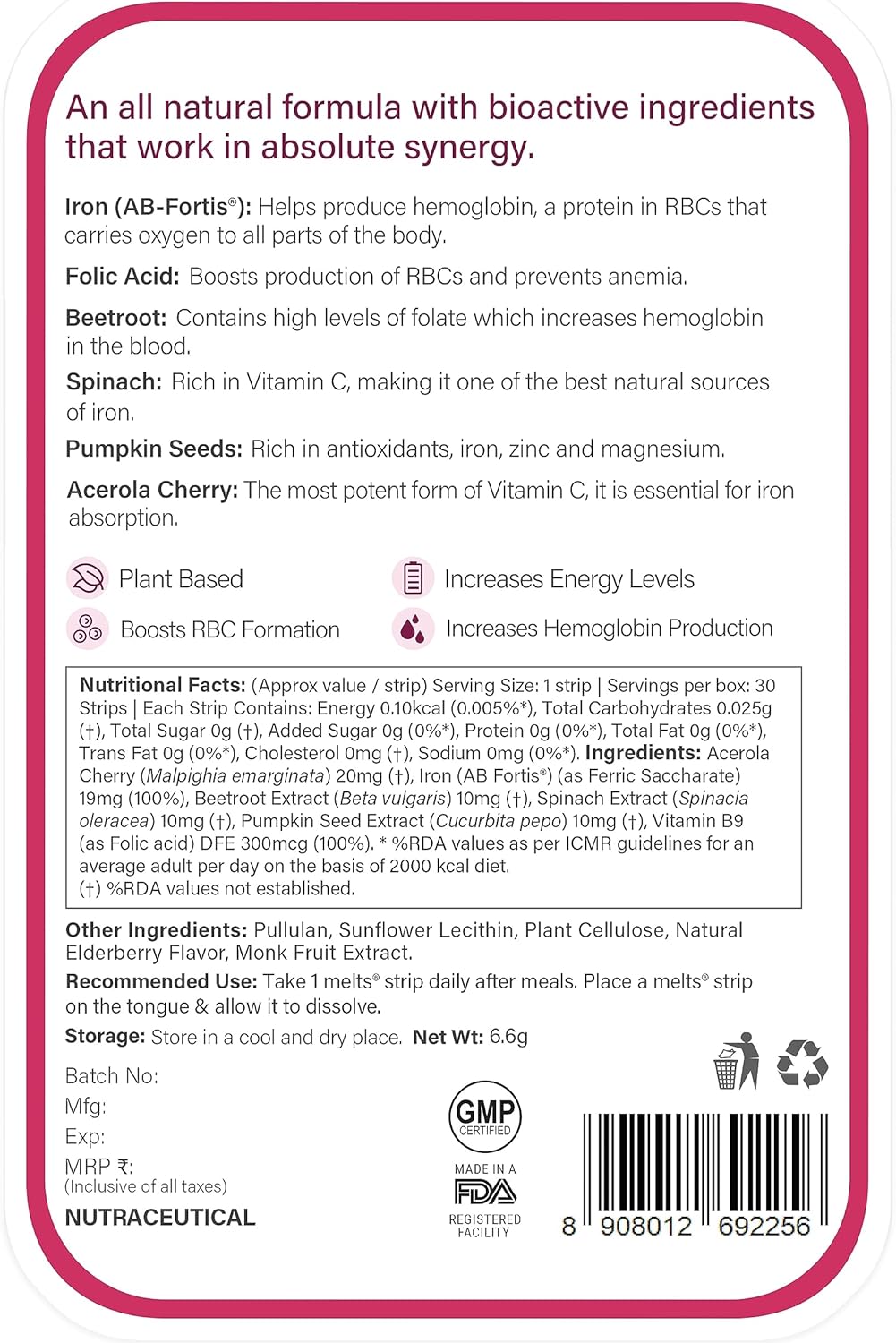 Plant-Based Iron Oral Strips with Beetroot, Swiss Chard, and Vitamin C for Improved Hemoglobin and Blood Building (30 Melts)