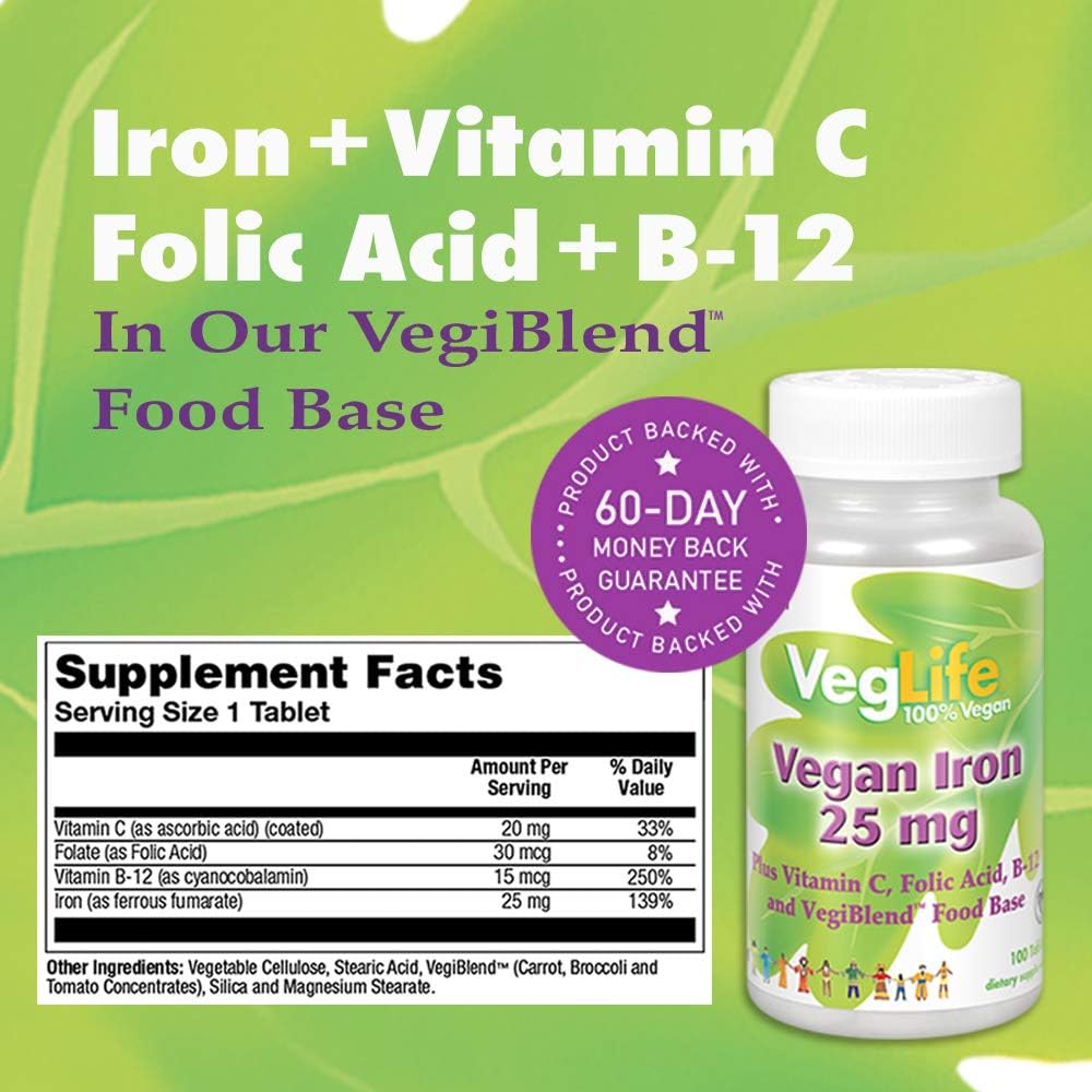 Plant Based Iron Supplement with Vitamin C, Folic Acid, B-12 | VegLife Vegan Iron 25 mg Tablets for Men & Women | 100 Count