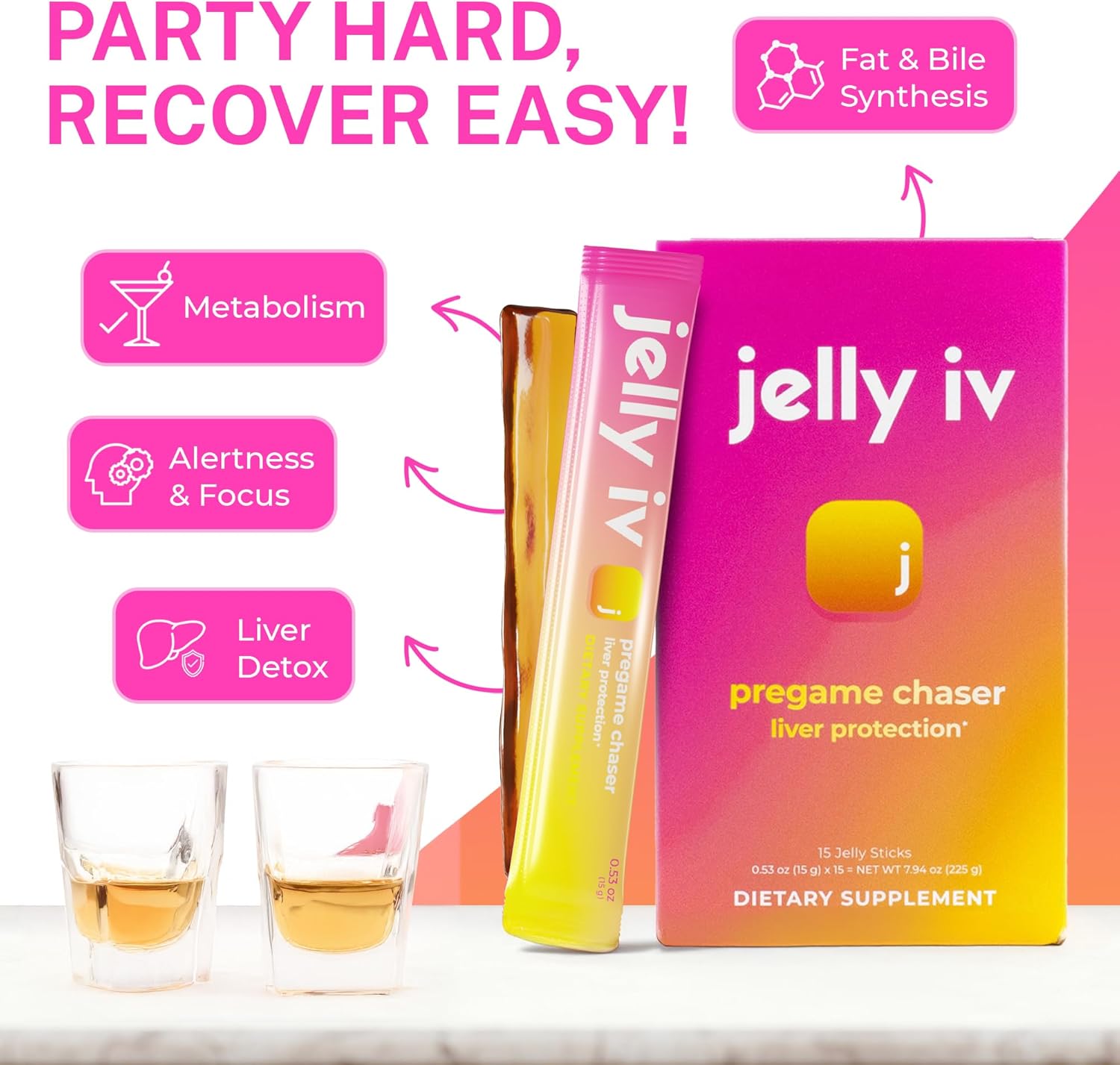 Plant-Based JellyIV Pregame Chaser for Morning Recovery - Liver Protection Hydration Packets (15-Count)