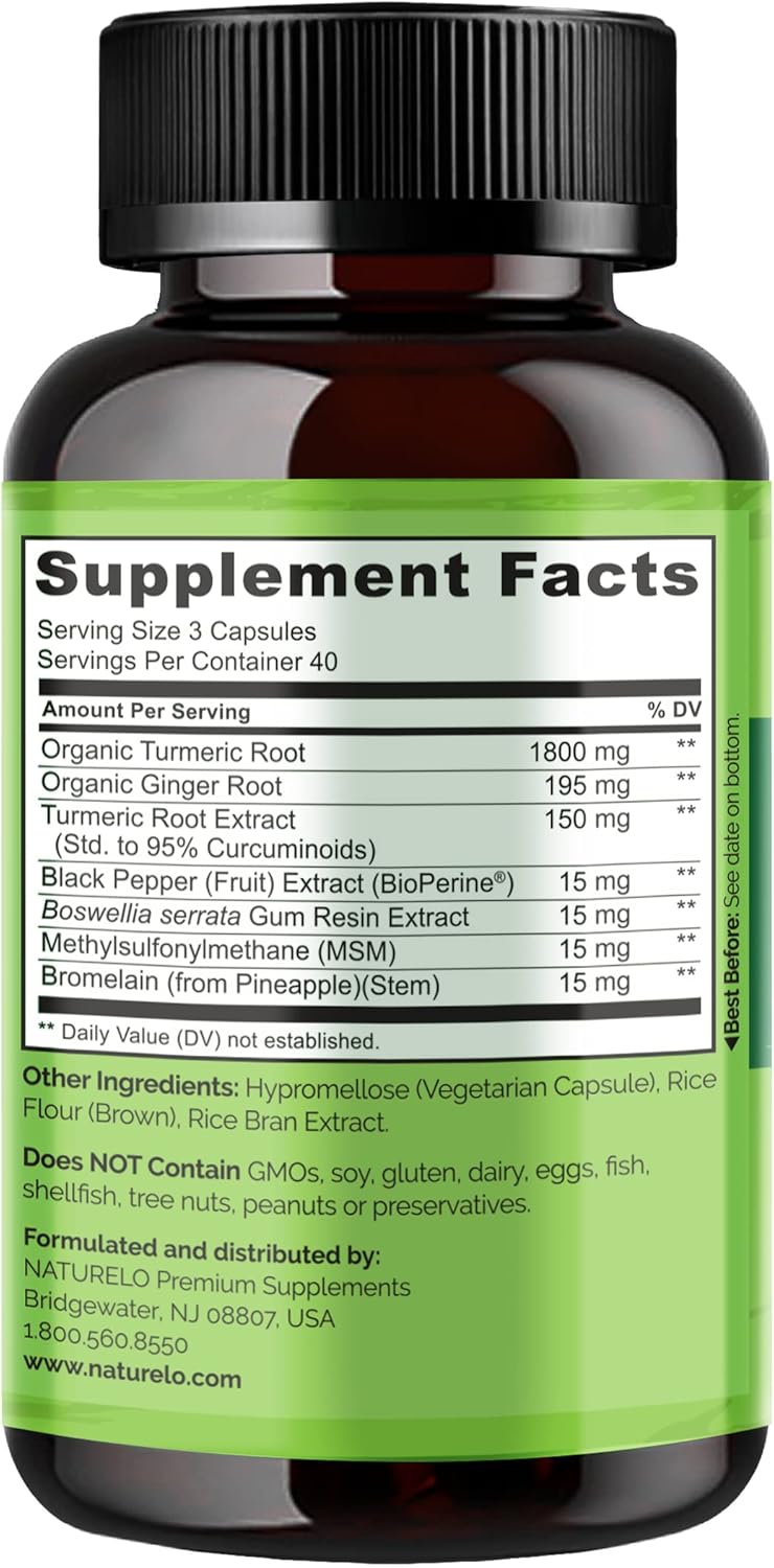 Plant Based Joint Support with Tumeric Curcumin & Magnesium Glycinate - 120 Capsules, Gluten Free & Non GMO