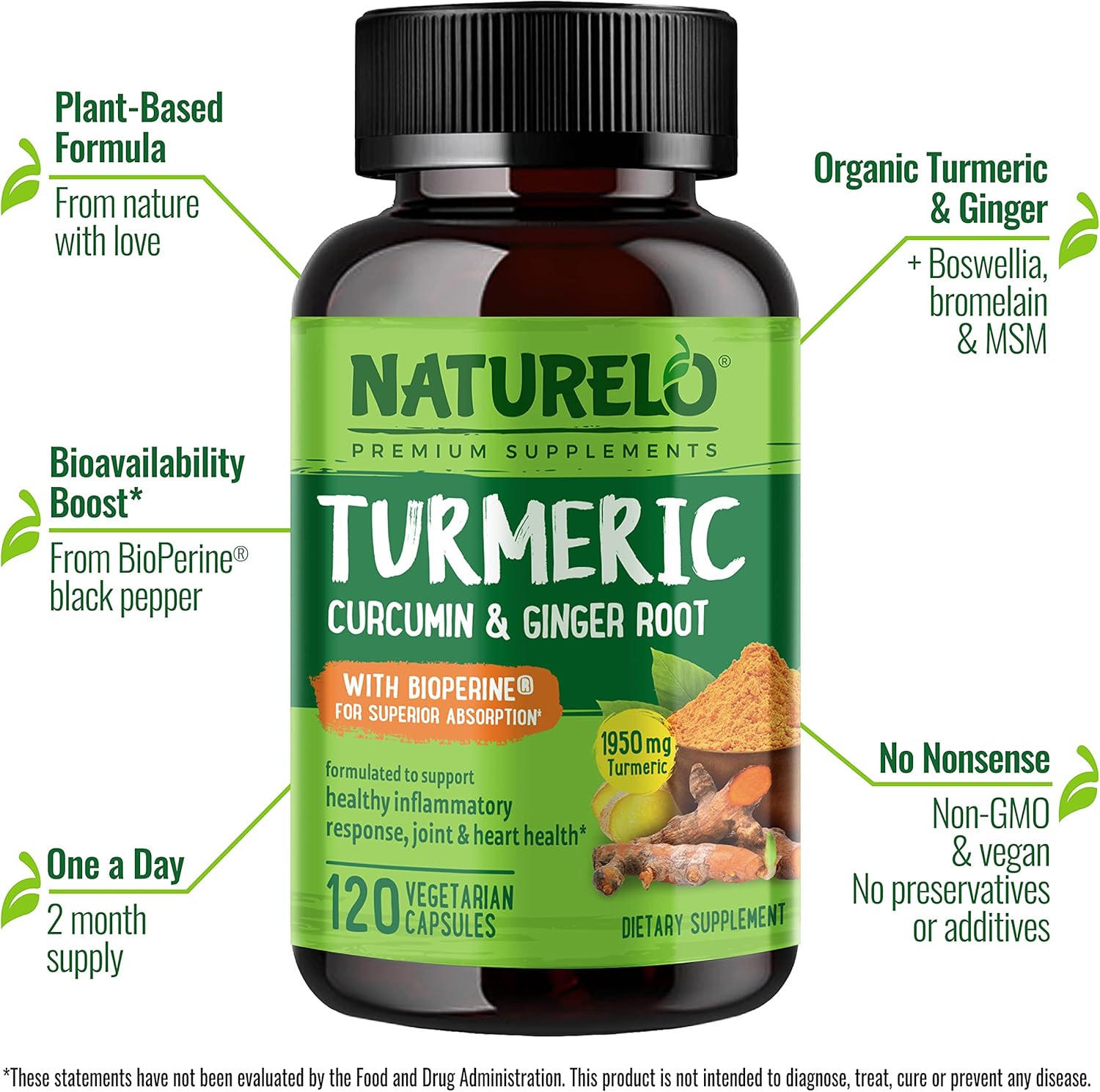 Plant Based Joint Support with Tumeric Curcumin & Magnesium Glycinate - 120 Capsules, Gluten Free & Non GMO