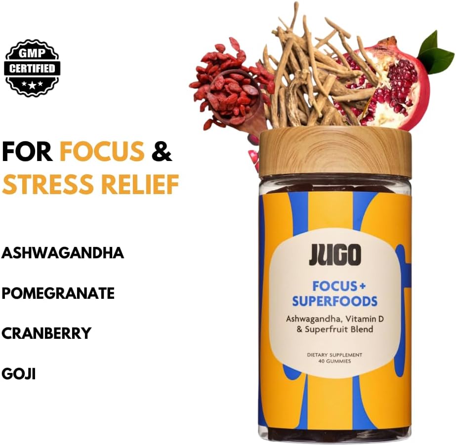 Plant-Based JUGO Focus Gummies with Vitamin D & Ashwagandha - 40 Count for Adults - Boost Focus & Mental Clarity - Gelatin-Free & Non-GMO