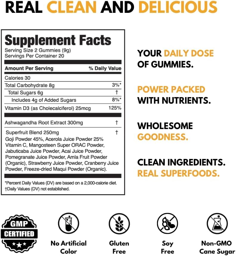 Plant-Based JUGO Focus Gummies with Vitamin D & Ashwagandha - 40 Count for Adults - Boost Focus & Mental Clarity - Gelatin-Free & Non-GMO