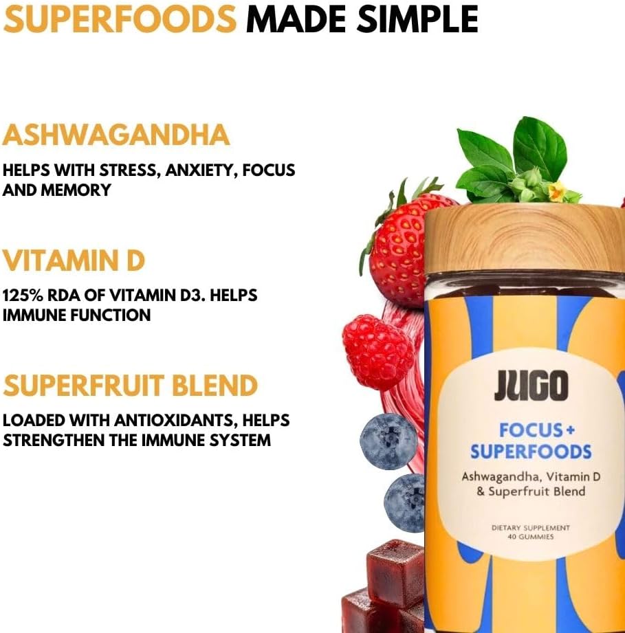Plant-Based JUGO Focus Gummies with Vitamin D & Ashwagandha - 40 Count for Adults - Boost Focus & Mental Clarity - Gelatin-Free & Non-GMO