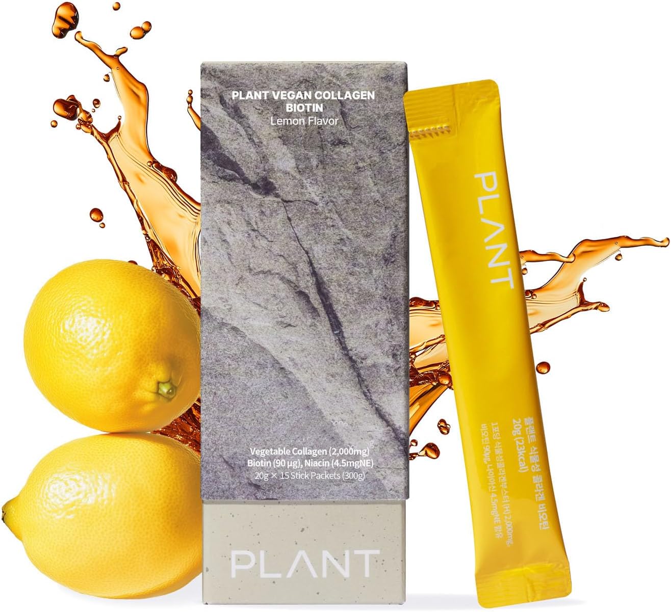Plant-Based Liquid Collagen with Biotin for Hair, Skin, Nails - Lemon Flavor - 15 Servings - High Absorption - Halal & Kosher - Vegetarian Peptides