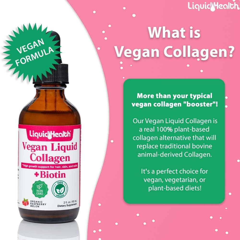 Plant-Based Liquid Collagen with Biotin for Hair, Skin, and Metabolism - Vegan Liquid Drops for Women and Men - Non-GMO, Sugar Free - 2 Pack