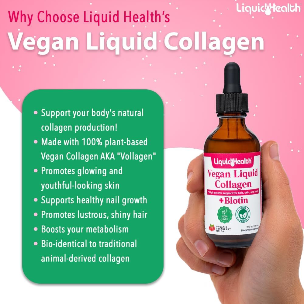 Plant-Based Liquid Collagen with Biotin for Hair, Skin, and Metabolism - Vegan Liquid Drops for Women and Men - Non-GMO, Sugar Free - 2 Pack