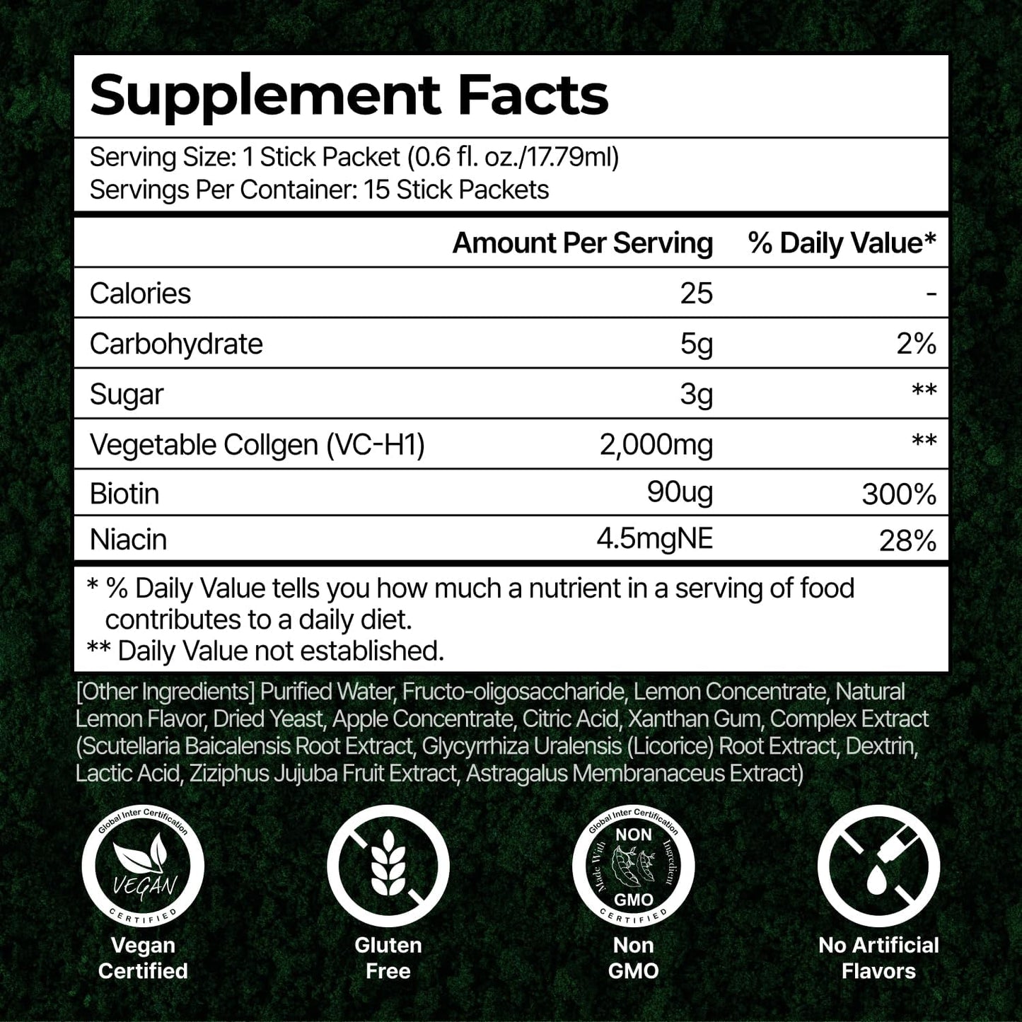 Plant-Based Liquid Collagen with Biotin for Hair, Skin, Nails - Lemon Flavor - 15 Servings - High Absorption - Halal & Kosher - Vegetarian Peptides